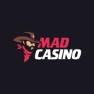 Logo van Mad Casino – figuur met cowboyhoed en witte en rode letters