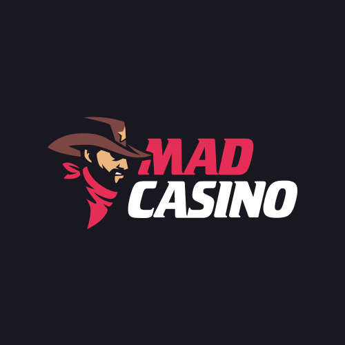 Logo van Mad Casino – figuur met cowboyhoed en witte en rode letters