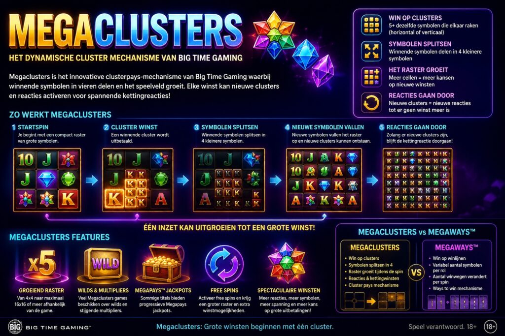 Megaclusters gokkasten uitgelegd met groeiend raster, clusters en splitsende symbolen