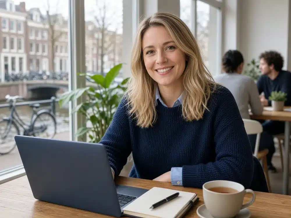Emma Jansen, schrijfster en sitebeheerder van OnlineCasinoKix, aan haar bureau