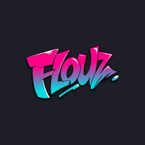 Logo van Flouz Casino – roze en turquoise graffitiletters op donkergrijs