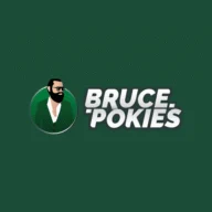 Logo van Bruce Pokies Casino – witte letters met bebaarde man op groen