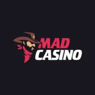 Logo van Mad Casino – figuur met cowboyhoed en witte en rode letters