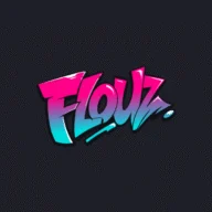 Logo van Flouz Casino – roze en turquoise graffitiletters op donkergrijs